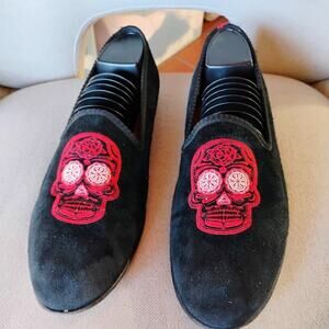 Del Toro Men's Black Moccasin Size 10 velvet black skull‎ halloween theme freaky